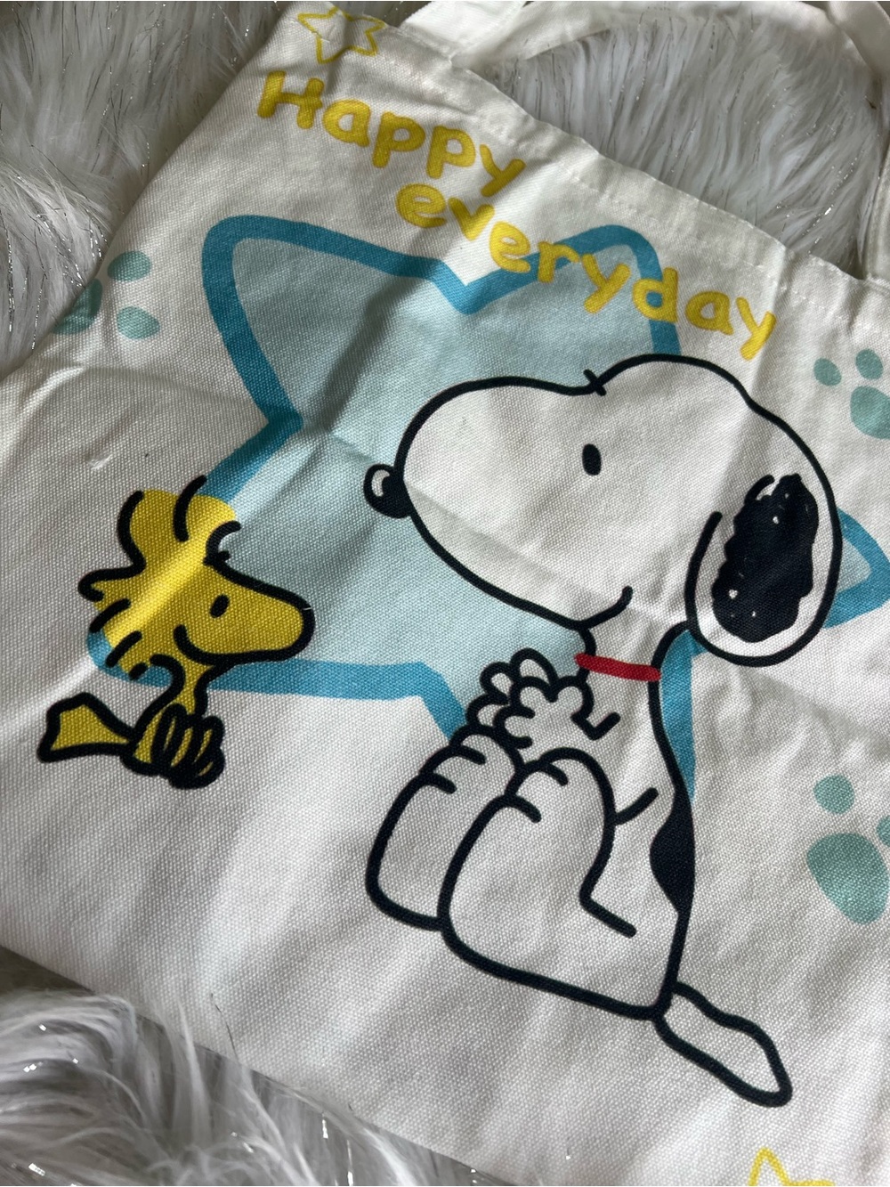 Snoopy & Woodstock Happy Everyday Canvas Tote - White with Yellow & Blue 14x14